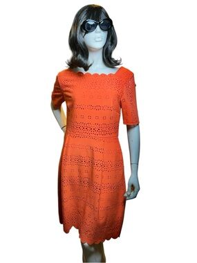 Banana Republic Orange Short Sleeves Laser Cut Eyelet Dress Scalloped Size 10